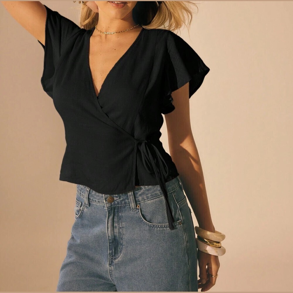 Black Wrap Front Blouse with Flutter Sleeves and Tie Waist - Picture 7 of 10